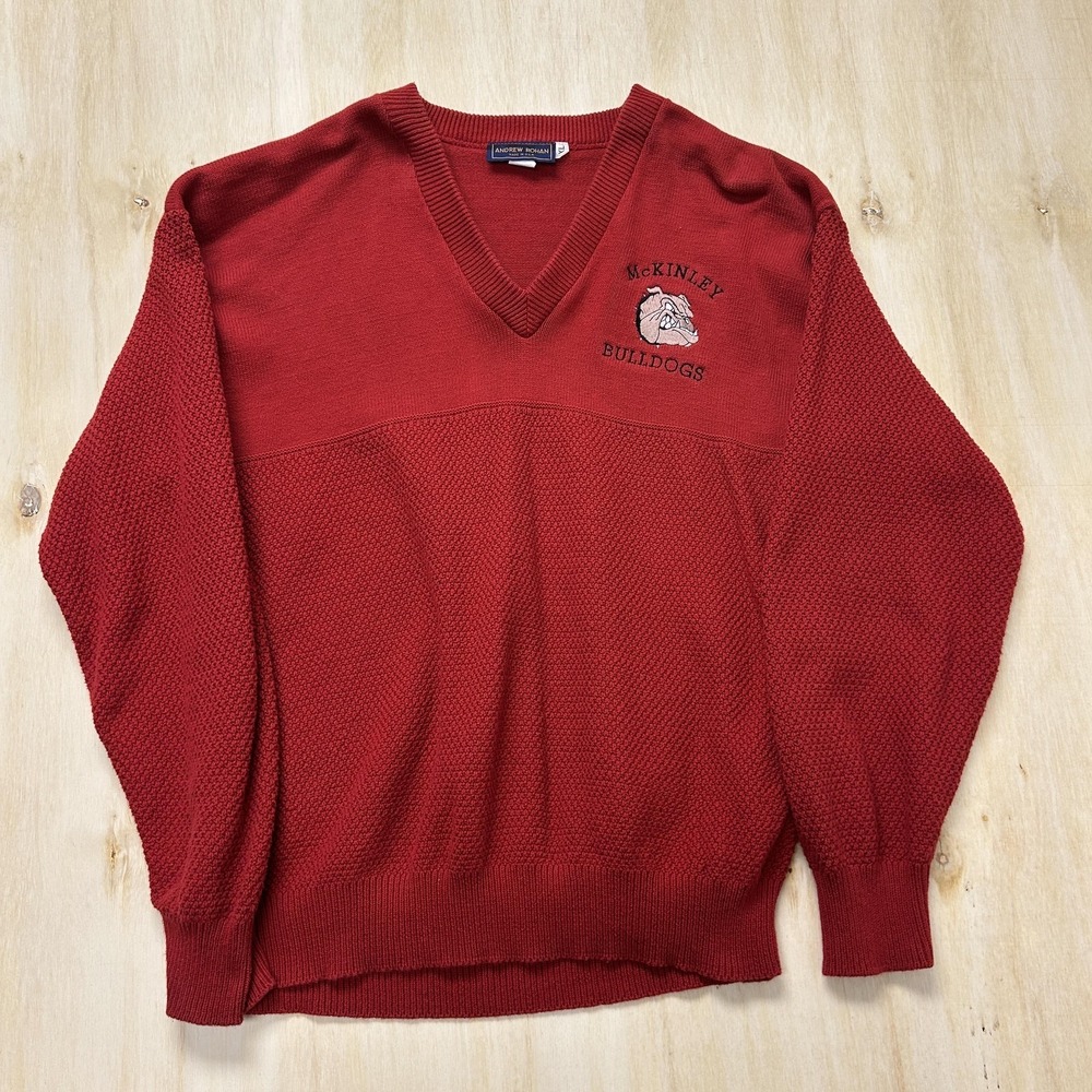 Vintage McKinley Bulldogs‎ Sweater Mens XL Red Knit V Neck Made USA Andrew Rohan